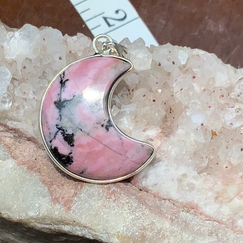 Natural Rhodonite Crescent Moon 925 Sterling Silver Pendant 42$